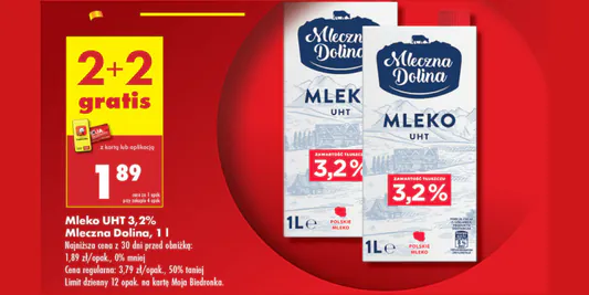 Biedronka: 2+2 GRATIS na mleko UHT 3,2% Mleczna Dolina 02.06.2025