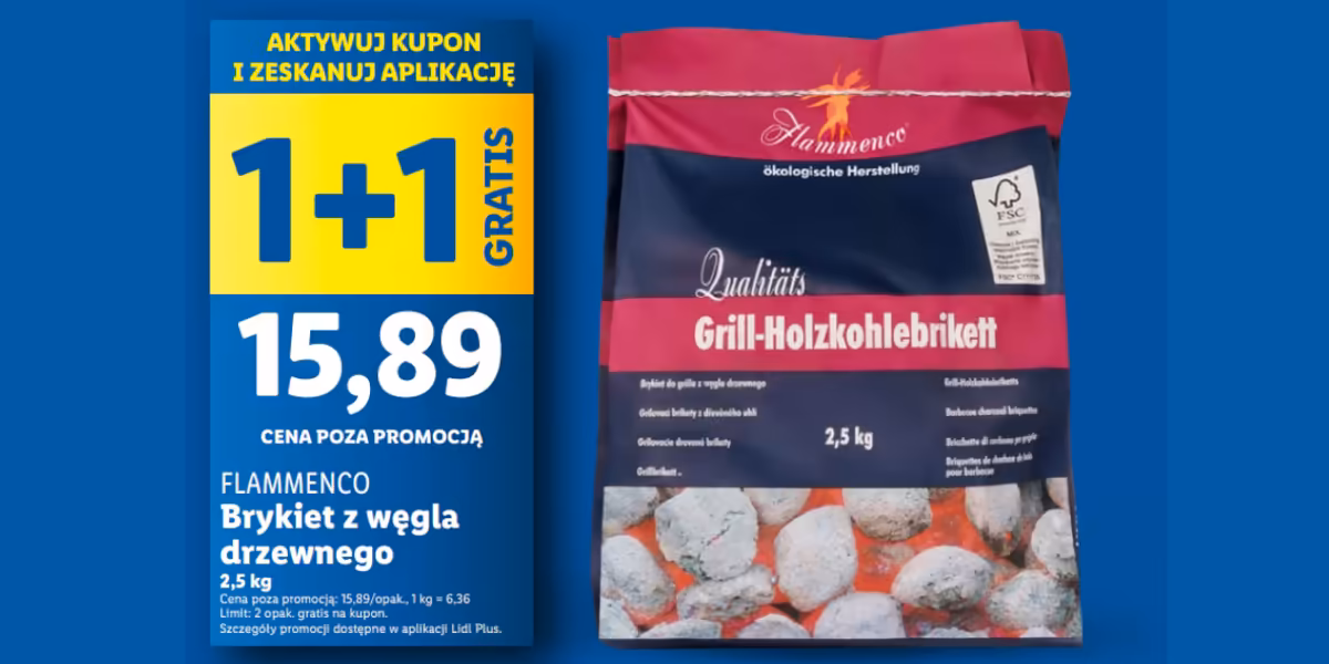 Lidl: KUPON 1 + 1 GRATIS na brykiet węgla drzewnego