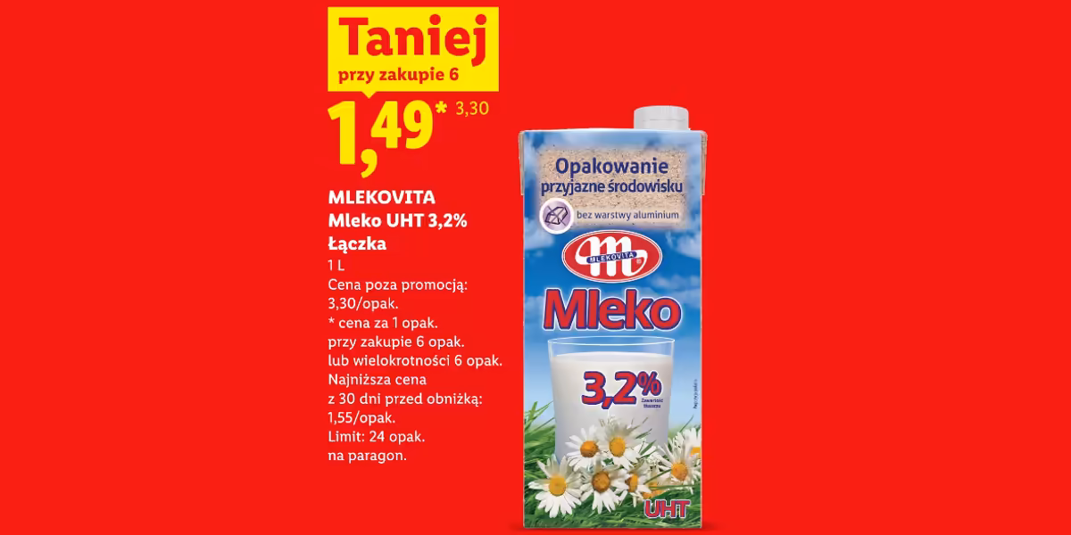 Lidl: 1,49 zł za mleko UHT 3,2% Łączka Mlekovita
