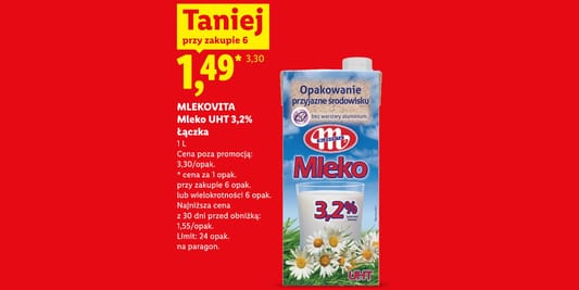 Lidl: 1,49 zł za mleko UHT 3,2% Łączka Mlekovita 24.08.2026