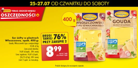 Biedronka: -76% na ser żółty w plastrach Włoszczowa, opak. 400 g 25.07.2024