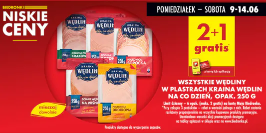 Biedronka: 2+1 GRATIS na wszystkie wędliny w plastrach 09.06.2025