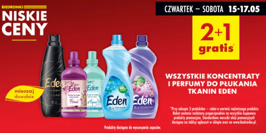 Biedronka: 2+1 GRATIS na koncentraty i perfumy do płukania tkanin Eden 15.05.2025