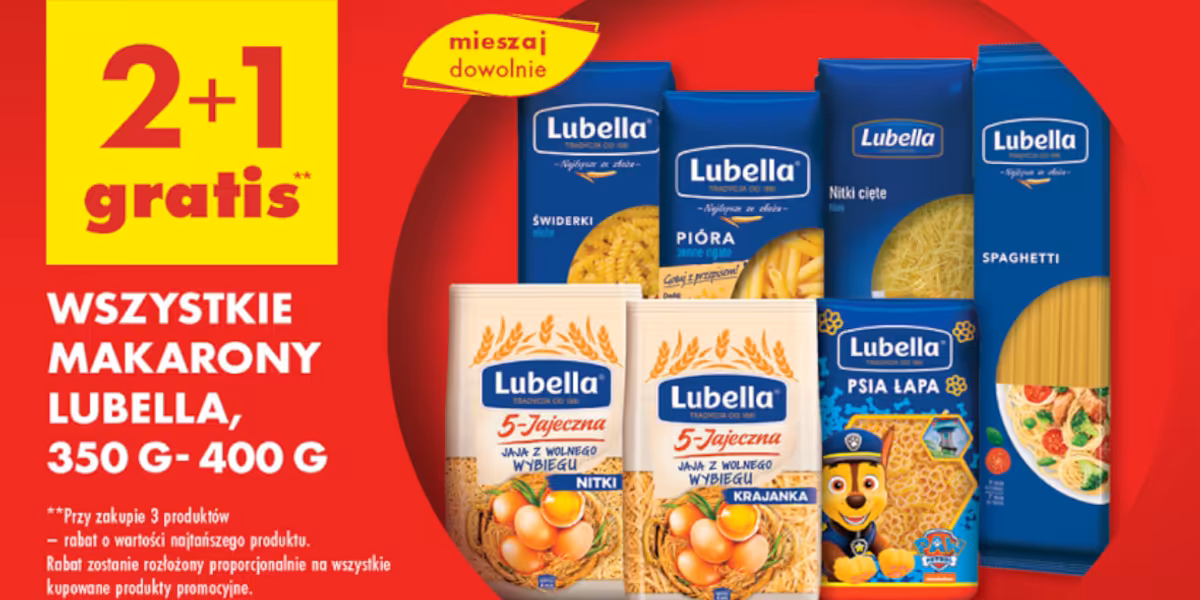 Biedronka: 2+1 GRATIS na wszystkie makarony Lubella