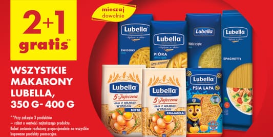 Biedronka: 2+1 GRATIS na wszystkie makarony Lubella 02.06.2025