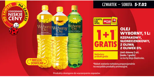 Biedronka: 1+1 GRATIS na Olej Wyborny, 1 l 05.02.2026
