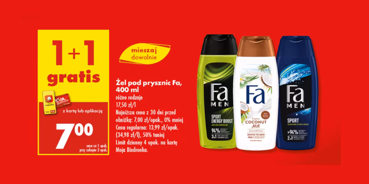 Biedronka: 1+1 GRATIS na żel pod prysznic Fa, 400 ml