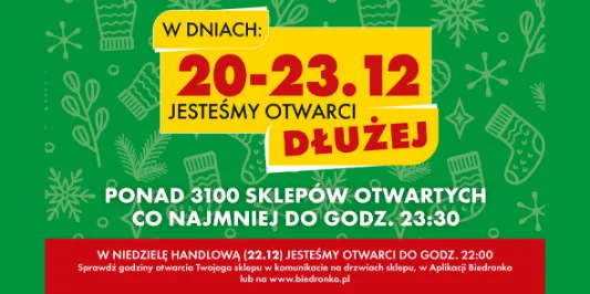 Biedronka:  W dniach 20-23.12 otwarci dłużej! 20.12.2024