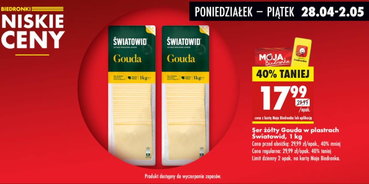 Biedronka: -40% na ser żółty Gouda w plastrach Światowid, 1 kg