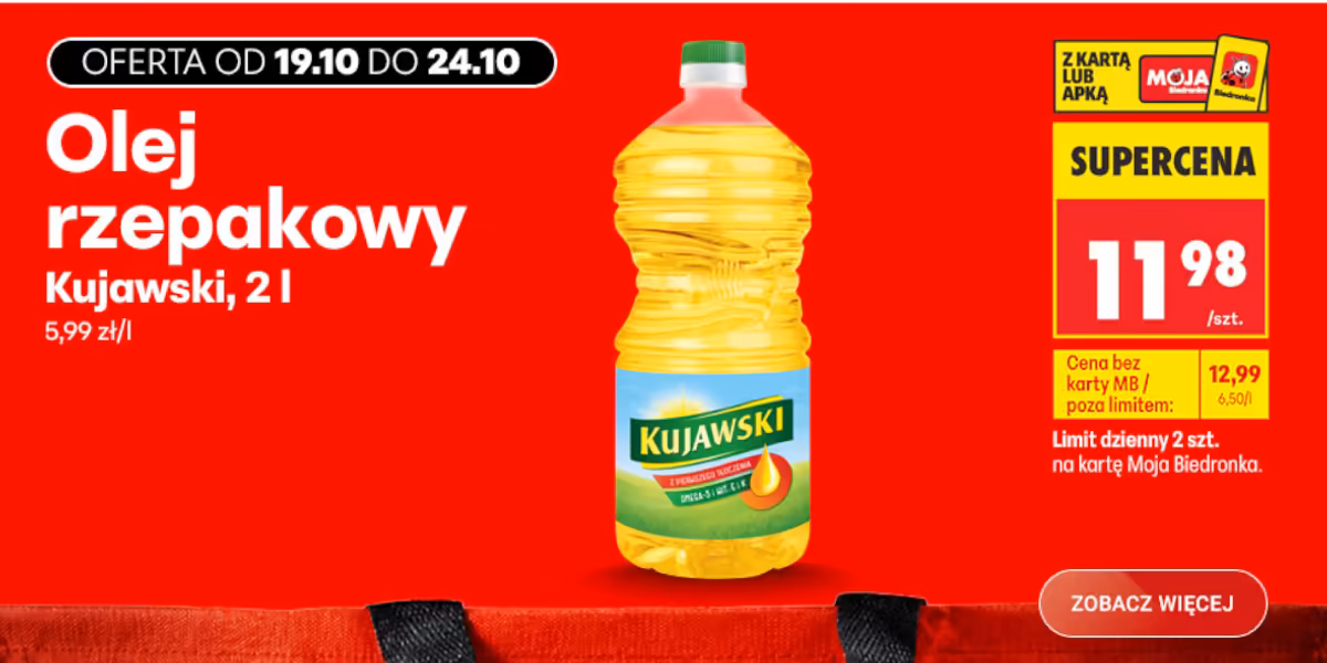 Biedronka: 11,98 zł za olej rzepakowy Kujawski