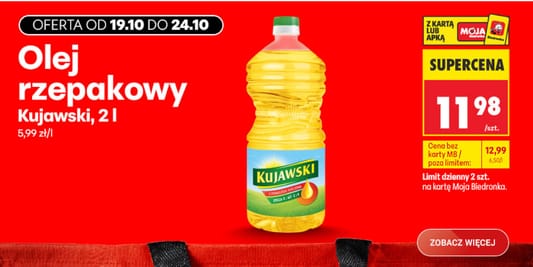 Biedronka: 11,98 zł za olej rzepakowy Kujawski 19.10.2026