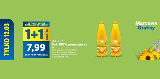 Lidl: KUPON 1 + 1 GRATIS na sok 100% pomarańcza 12.03.2025