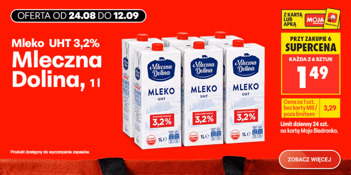Biedronka: 1,49 zł za mleko UHT 3,2% Mleczna Dolina