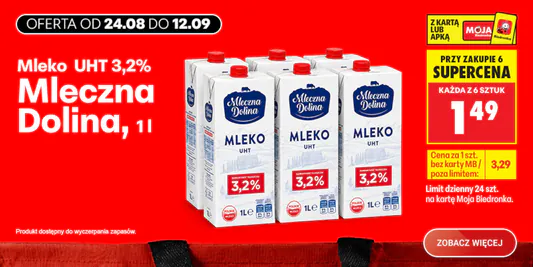 Biedronka: 1,49 zł za mleko UHT 3,2% Mleczna Dolina 30.08.2026