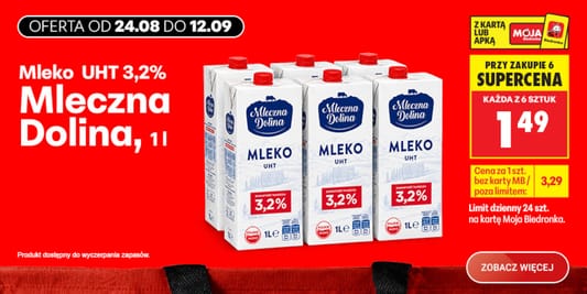 Biedronka: 1,49 zł za mleko UHT 3,2% Mleczna Dolina 30.08.2026