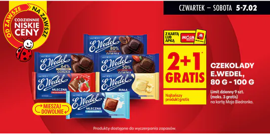 Biedronka: 2+1 GRATIS na czekolady E. Wedel 05.02.2026