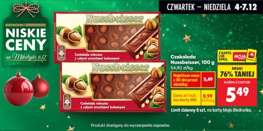 Biedronka: -76% na czekoladę Nussbeisser - drugi produkt 04.12.2025