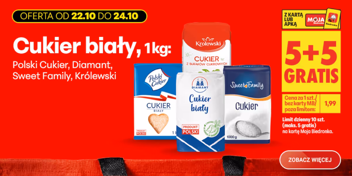 Biedronka: 5+5 GRATIS na cukier biały