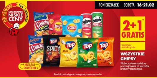 Biedronka: 2+1 GRATIS na wszystkie chipsy 16.02.2026