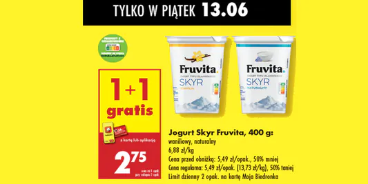 Biedronka: 1+1 GRATIS na jogurt Skyr Fruvita 13.06.2025