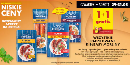 Biedronka: 1+1 GRATIS na wszystkie kiełbasy Morliny 29.05.2025
