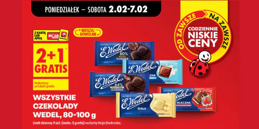 Biedronka: 2+1 GRATIS na wszystkie czekolady E. Wedel 02.02.2026