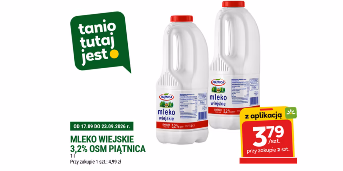 Stokrotka Supermarket: 3,79 zł za Mleko Wiejskie 3,2% OSM Piątnica