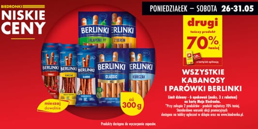 Biedronka: -70% na wszystkie kabanosy i parówki Berlinki 26.05.2025