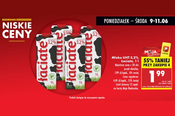 : -55% na Mleko UHT 3,2% Łaciate