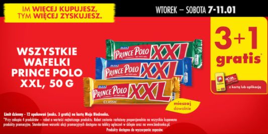 Biedronka: 3+1 GRATIS na wszystkie wafelki Prince Polo XXL 07.01.2025