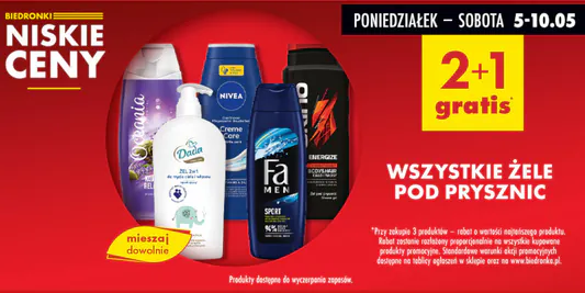 Biedronka: 2 + 1 GRATIS na wszystkie żele pod prysznic 05.05.2025
