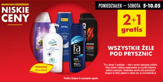Biedronka: 2 + 1 GRATIS na wszystkie żele pod prysznic 05.05.2025