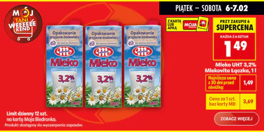 Biedronka: 1,49 zł za Mleko UHT 3,2% Mlekovita Łączka 06.02.2026