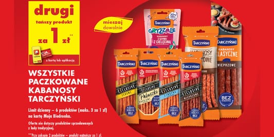 Biedronka: 1 zł za kabanosy Tarczyński - drugi tańszy produkt 27.05.2025