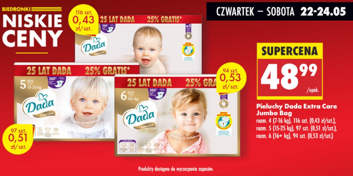 Biedronka: 48,99 zł za pieluchy Dada Extra Care Jumbo Bag