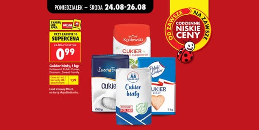 Biedronka: 0,99 zł za cukier biały 24.08.2026