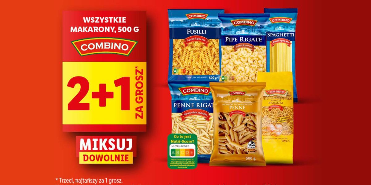 Lidl: 2+1 za GROSZ na makarony Combino