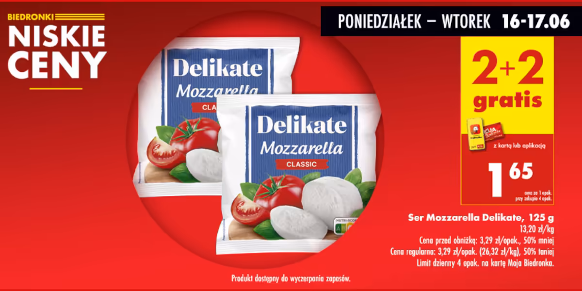 Biedronka: 2+2 GRATIS na ser Mozzarella Classic Delikate