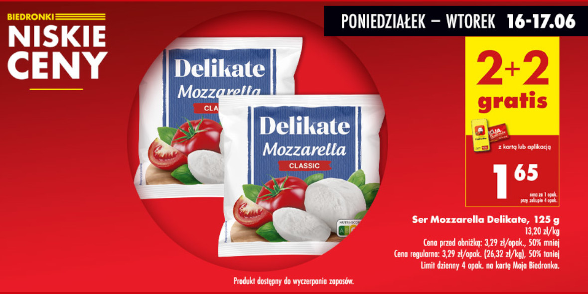 Biedronka: 2+2 GRATIS na ser Mozzarella Classic Delikate 16.06.2025