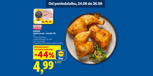 Lidl: KUPON -44% na ćwiartki z kurczaka 24.08.2026