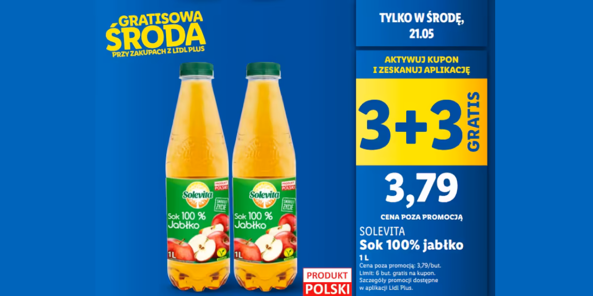 Lidl: KUPON 3 + 3 GRATIS na sok 100% jabłko Solevita