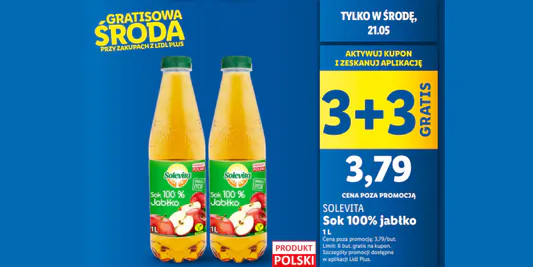 Lidl: KUPON 3 + 3 GRATIS na sok 100% jabłko Solevita 21.05.2025