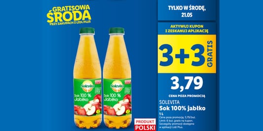Lidl: KUPON 3 + 3 GRATIS na sok 100% jabłko Solevita 21.05.2025