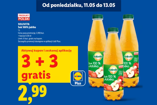 Lidl: KUPON 3 + 3 GRATIS na sok jabłkowy 100%