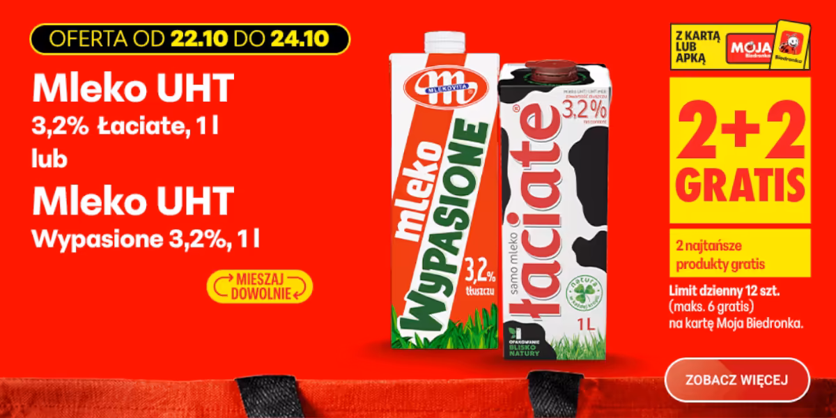 Biedronka: 2+2 GRATIS na mleko UHT
