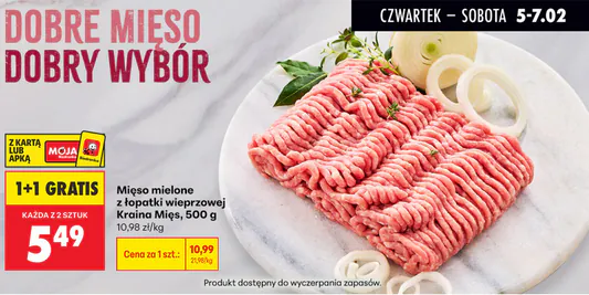 Biedronka: 1+1 GRATIS na mięso mielone z łopatki wieprzowej 05.02.2026