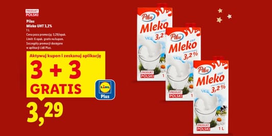 Lidl: KUPON 3 + 3 GRATIS na Pilos Mleko UHT 3,2% 06.12.2025