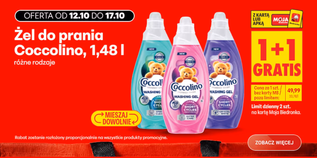 Biedronka: 1 + 1 GRATIS na żel do prania Coccolino