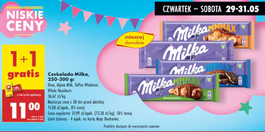 Biedronka: 1+1 GRATIS na czekoladę Milka 250 g- 300 g 29.05.2025