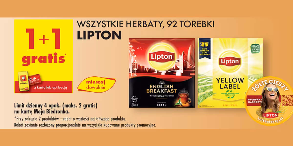 Biedronka: 1+1 GRATIS na wszystkie herbaty Lipton, 92 torebki
